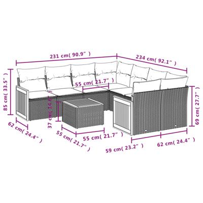 9-delige Loungeset met kussens poly rattan grijs - thumbnail