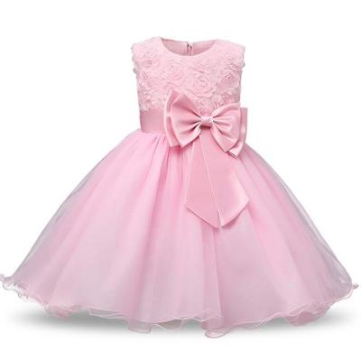 Roze meisjes mouwloos Rose Flower patroon Bow-knoop Lace Dress Toon jurk Kid grootte: 140cm