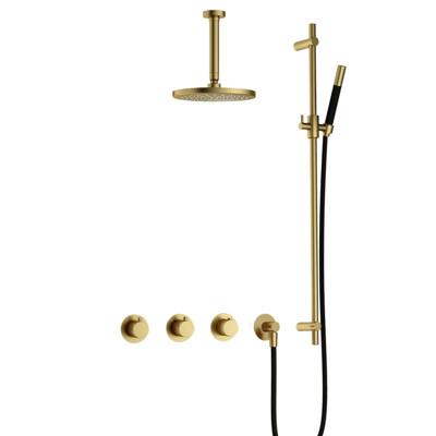 Hotbath Cobber - CB7067 - Inbouw Regendoucheset - Geborsteld Messing PVD - 2 Stopkranen - Thermostatisch - Plafondbuis 15 cm - Hoofddouche 200 mm - Staafhanddouche - Glijstang 900 mm - Waterbesparend