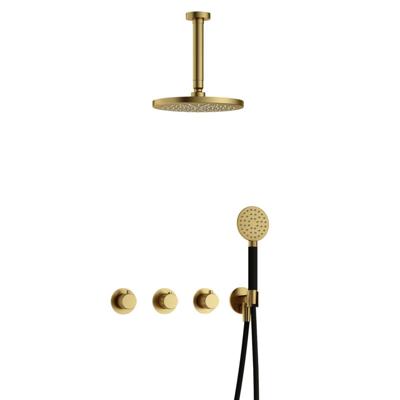 Hotbath Cobber X - CX7067 - Inbouw Regendoucheset - Geborsteld Messing PVD - 2 Stopkranen - Thermostatisch - Plafondbuis 15 cm - Hoofddouche 200 mm - Ronde Handdouche 3 Standen - Waterbesparend