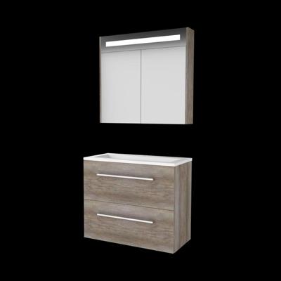Basic-Line Premium 39 Badkamermeubelset - Ondiep - 80 x 39 cm - Met Grepen - 2 Lades - Acryl Wastafel - 1 Kraangat - Spiegelkast met LED Verlichting - Scotch Oak