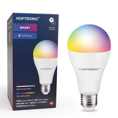 Smart E27 lamp - A65 vorm - E27 - 14 Watt 1400 lumen - RGBWW - Wifi & Bluetooth - Bestuurbaar via app - Google Home, Amazon Alexa en Siri - Smart lamp
