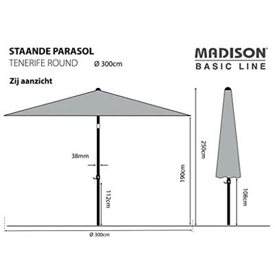 Stokparasol Tenerife 300 cm crank and tilt grey zonwering - Madison - thumbnail