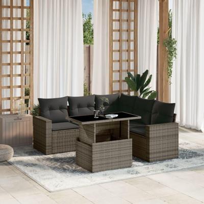 6-delige Loungeset met kussens poly rattan grijs