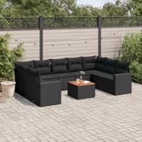 10-delige Loungeset met kussens poly rattan zwart - thumbnail