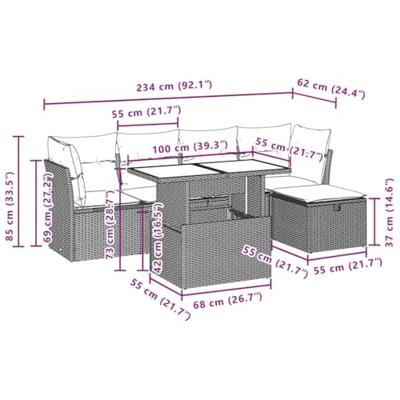 6-delige Loungeset met kussens poly rattan bruin