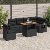 7-delige Loungeset met kussens poly rattan zwart - thumbnail