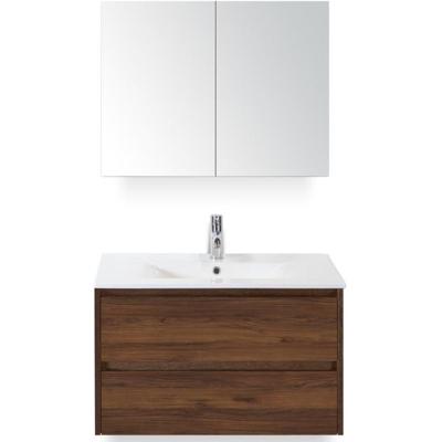 Dante Badmeubelset 80 cm - Walnoot - Keramische Wastafel Wit Enjoy met Spiegelkast