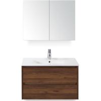 Dante Badmeubelset 80 cm - Walnoot - Keramische Wastafel Wit Enjoy met Spiegelkast - thumbnail
