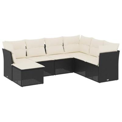 7-delige Loungeset met kussens poly rattan zwart