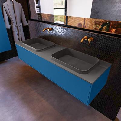 Badkamermeubelset Mondiaz Erin 150 cm met 1 Lade met RIDGE Wastafel Dubbel Dark grey Zonder Kraangaten Greeploos Mat Jeans