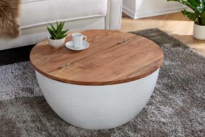 Ronde salontafel ORIENT STORAGE 60cm wit acaciahout met opbergruimte handgemaakt gehamerd - 40108