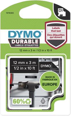Dymo duurzame D1 tape 12 mm x 3 m, wit op zwart Dymo duurzame D1 tape 12 mm x 3 m, wit op zwart