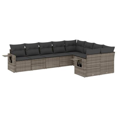9-delige Loungeset met kussens poly rattan grijs - thumbnail