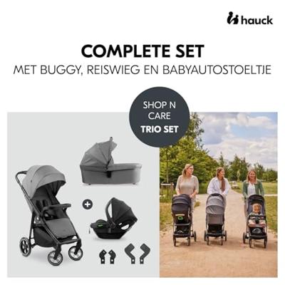 HAUK - 3-in-1 Shop N Care Trio Reisset - Kinderwagen + Reiswieg + Autostoel + Adapters - 4 Wielen - Grijs