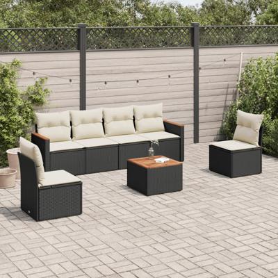 6-delige Loungeset met kussens poly rattan zwart