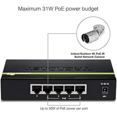TRENDnet TPE-TG50G 5-poorts Gigabit PoE+ Switch, 31 watt PoE totaal vermogen, 10 Gbit/s schakelcapaciteit, plug & play, full & half duplex