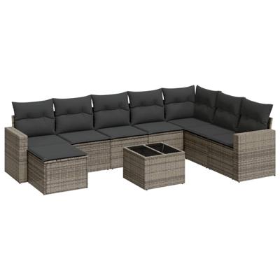 9-delige Loungeset met kussens poly rattan grijs