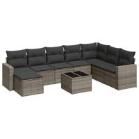 9-delige Loungeset met kussens poly rattan grijs - thumbnail