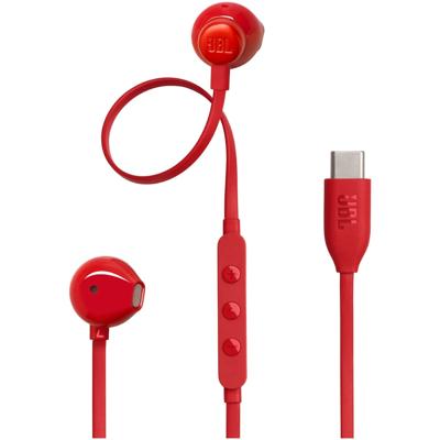 JBL Tune 305 C Bedraade in-ear oortjes met microfoon, met JBL Pure Bass Sound en een 3-knops afstandsbediening, in het rood