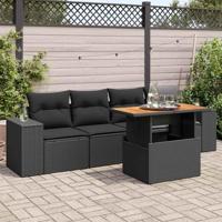 5-delige Loungeset met kussens poly rattan zwart - thumbnail