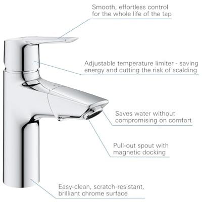 Grohe QuickFix Start M-size wastafelkraan met uittrekbare uitloop en push-up waste chroom