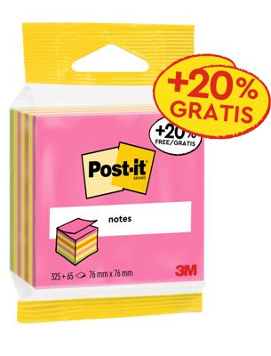 Post-it Notes kubus ft 76 mm x 76 mm, Neon, blok van 325 + 65 vel gratis, op blister