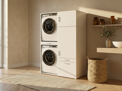 Kast WASHING 2 machines boven elkaar met kast 1 deur 2 lades MEDIUM wit