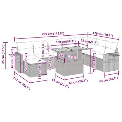 9-delige Loungeset met kussens poly rattan grijs