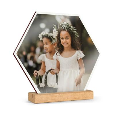 Houten fototegel met houder bedrukken - Hexagon
