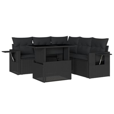 6-delige Loungeset met kussens poly rattan zwart