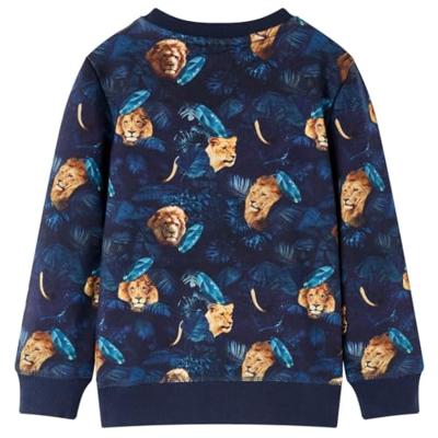 Kindertrui leeuw en plantenprint 116 marineblauw