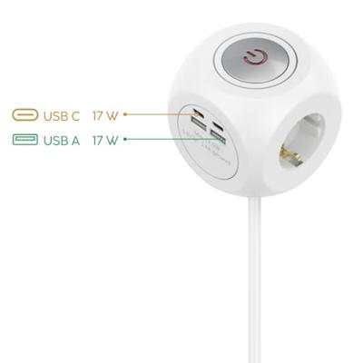 Hama stekkerdoos-kubus 3-voudig usb-c/a 17 w met schakelaar 1,4 m wit