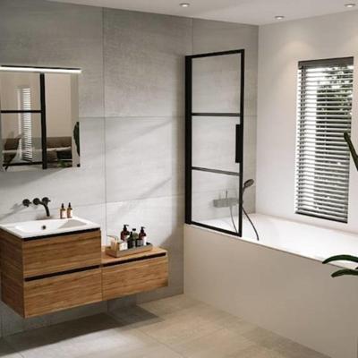 Badwand met Klapdeur Riho Grid 80x150 cm 6 mm Helderglas Zwarte Profielen Links Riho