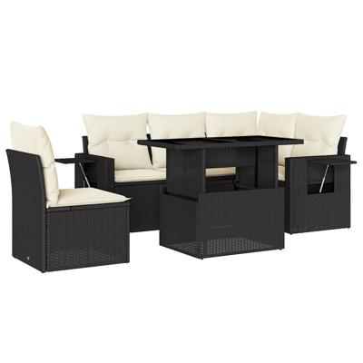 6-delige Loungeset met kussens poly rattan zwart