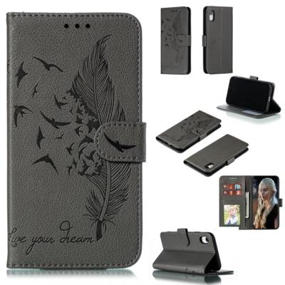 Feather patroon Litchi textuur horizontale Flip lederen draagtas met portemonnee & houder & kaartsleuven voor iPhone XR (grijs)