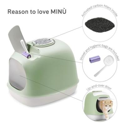 UNITED PETS Minù Kattenbak/kattenbak met deksel, gemaakt in Italië, met schep en filter, groen/wit, gesloten hygiënische kattenbak