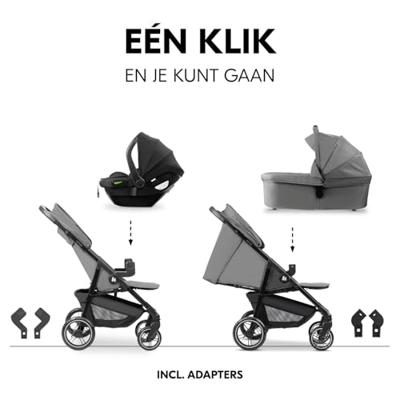 HAUK - 3-in-1 Shop N Care Trio Reisset - Kinderwagen + Reiswieg + Autostoel + Adapters - 4 Wielen - Grijs