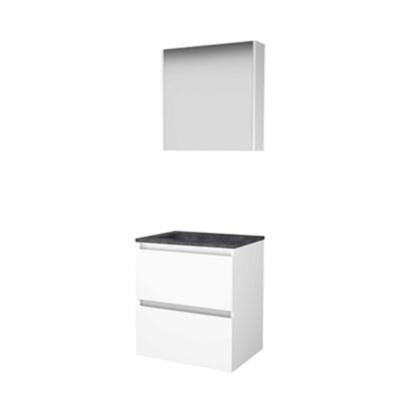 Basic-Line Comfort 46 Badkamermeubelset - 60 x 46 cm - Greeploos - 2 Lades - Hardstenen Wastafel - 1 Kraangat - Spiegelkast - Ice White