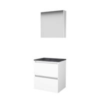 Basic-Line Comfort 46 Badkamermeubelset - 60 x 46 cm - Greeploos - 2 Lades - Hardstenen Wastafel - 1 Kraangat - Spiegelkast - Ice White - thumbnail