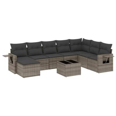 9-delige Loungeset met kussens poly rattan grijs