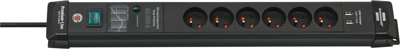 Brennenstuhl 1951164603 Stekkerdoos 6 Sockets | Premium Line | 2x USB-A | Aan/uit Schakelaar | Overspanningsbeveiliging | Type E - BE | Zwart | 3 meter