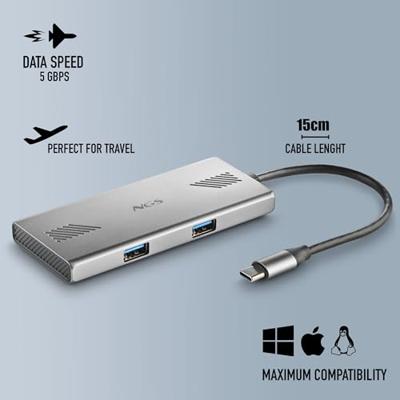 NGS WONDERDUO-C Aluminium 4-in-1 Multiport USB-adapter, 2 USB-C + 2 USB-A, Hoge Snelheid 5 Gbps, Compatibel met PC, Mac en Tablet, Draagbaar en Lichtgewicht Design, Aluminium Behuizing, Kabel 180mm