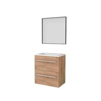 Basic-Line Framed 39 Badkamermeubelset - Ondiep - 60 x 39 cm - Met Grepen - 2 Lades - Acryl Wastafel - 1 Kraangat - Spiegel met Zwart Aluminium Frame - Whisky Oak - thumbnail