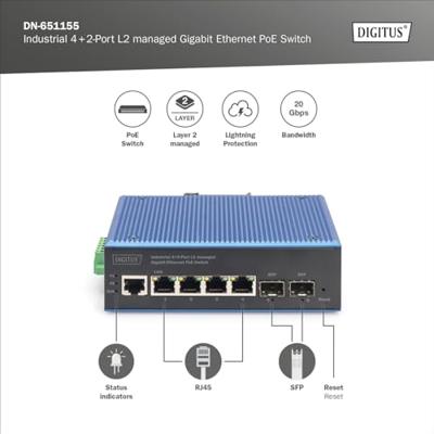 Digitus DN-651155 Industrial Ethernet Switch 4 x 2 poorten 1 GBit/s Digitus DN-651155 Industrial Ethernet Switch 4 x 2 poorten 1 GBit/s