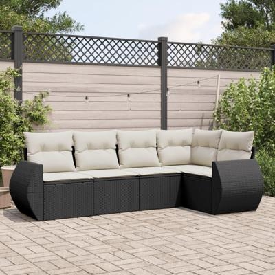 5-delige Loungeset met kussens poly rattan zwart