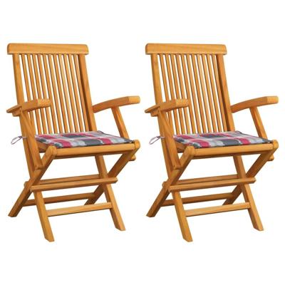 Tuinstoelen 2 st met rood geruite kussens massief teakhout