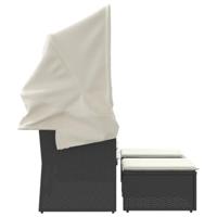 Tuinbank 2-zits met luifel en voetenbanken poly rattan zwart - thumbnail