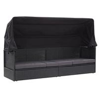 VidaXL Loungebank met luifel poly rattan zwart - thumbnail