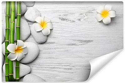Fotobehang - Witte Planken met stenen en Bloemen, Spa, in 11 maten, inclusief behanglijm